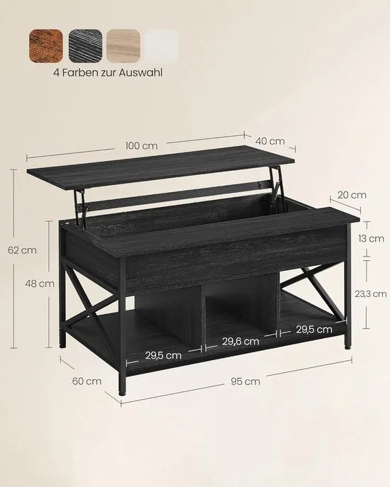 FurnStar - Salontafel - In Hoogte Verstelbare Woonkamertafel - Koffietafel - Open En Verborgen Opbergruimte - 60 X 100 X (48-62) Cm - Vintage Bruin-Zwart – Antraciet grijs-zwart 60 x 100