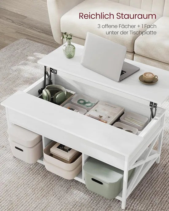 FurnStar - Salontafel - In Hoogte Verstelbare Woonkamertafel - Koffietafel - Open En Verborgen Opbergruimte - 60 X 100 X (48-62) Cm - Vintage Bruin-Zwart – Sneeuwwit 60 x 100