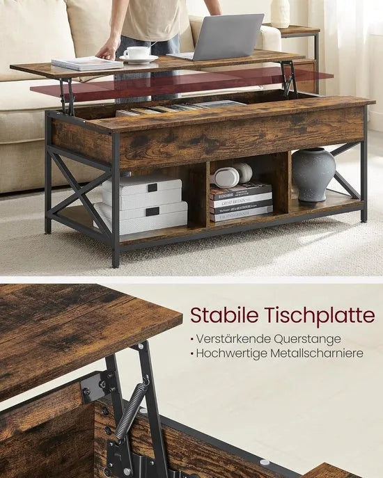 FurnStar - Salontafel - In Hoogte Verstelbare Woonkamertafel - Koffietafel - Open En Verborgen Opbergruimte - 60 X 100 X (48-62) Cm - Vintage Bruin-Zwart – Vintage bruin-zwart 60 x 120