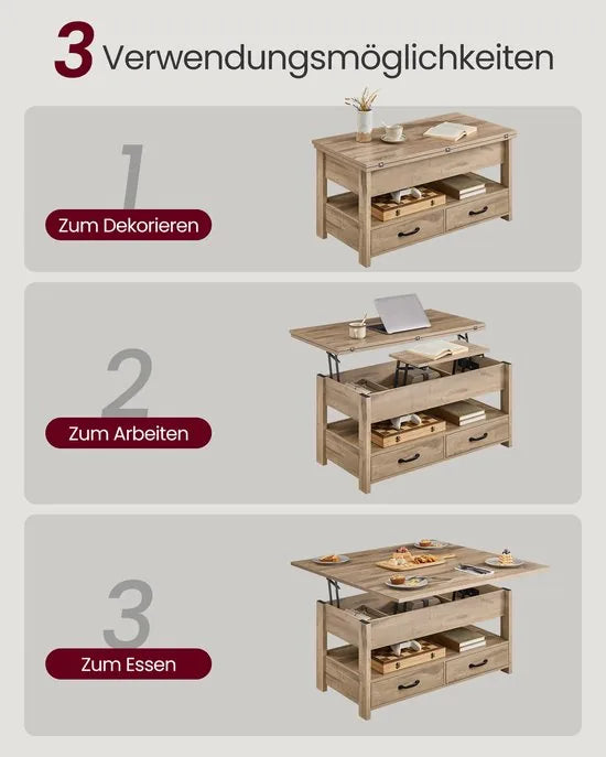 FurnStar - Salontafel - In Hoogte Verstelbare Woonkamertafel - Koffietafel - Open En Verborgen Opbergruimte - 60 X 100 X (48-62) Cm - Vintage Bruin-Zwart – Camel bruin 50 x 100