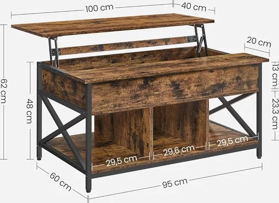 FurnStar - Salontafel - In Hoogte Verstelbare Woonkamertafel - Koffietafel - Open En Verborgen Opbergruimte - 60 X 100 X (48-62) Cm - Vintage Bruin-Zwart