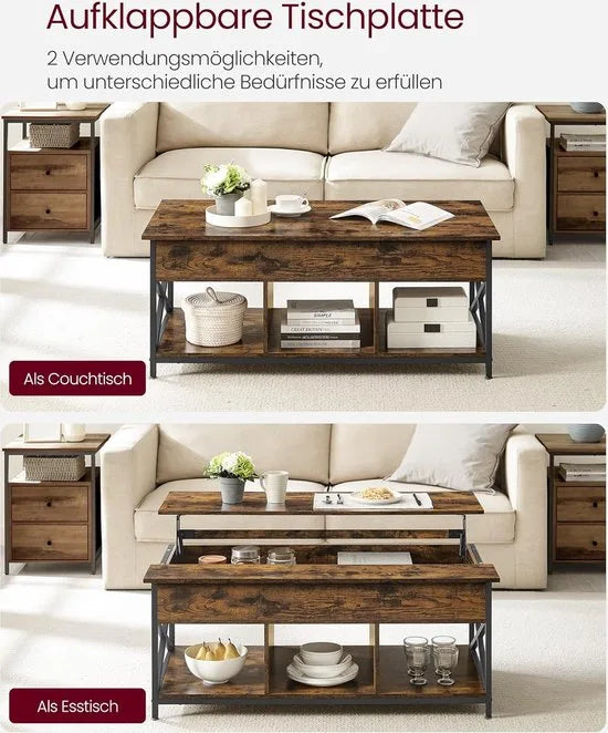 FurnStar - Salontafel - In Hoogte Verstelbare Woonkamertafel - Koffietafel - Open En Verborgen Opbergruimte - 60 X 100 X (48-62) Cm - Vintage Bruin-Zwart – Vintage bruin-zwart 60 x 120
