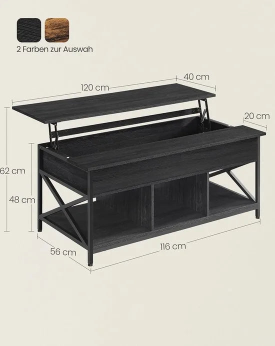 FurnStar - Salontafel - In Hoogte Verstelbare Woonkamertafel - Koffietafel - Open En Verborgen Opbergruimte - 60 X 100 X (48-62) Cm - Vintage Bruin-Zwart – Antraciet grijs-zwart 60 x 120