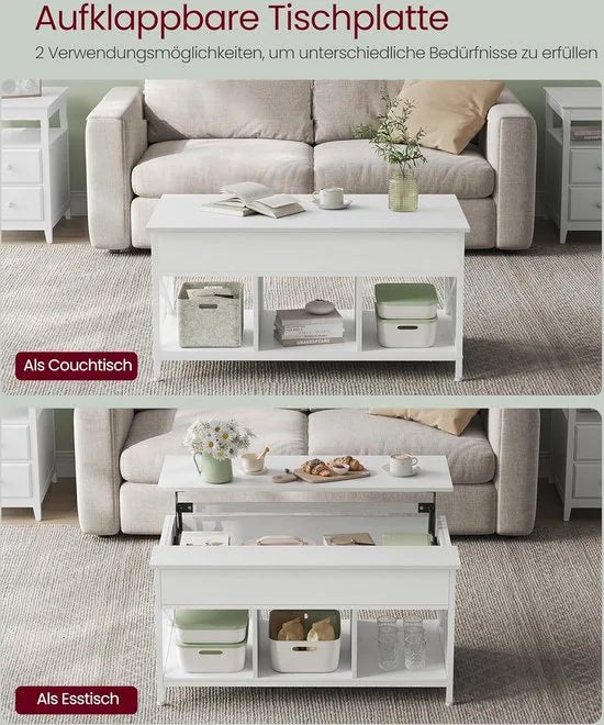 FurnStar - Salontafel - In Hoogte Verstelbare Woonkamertafel - Koffietafel - Open En Verborgen Opbergruimte - 60 X 100 X (48-62) Cm - Vintage Bruin-Zwart – Sneeuwwit 60 x 100