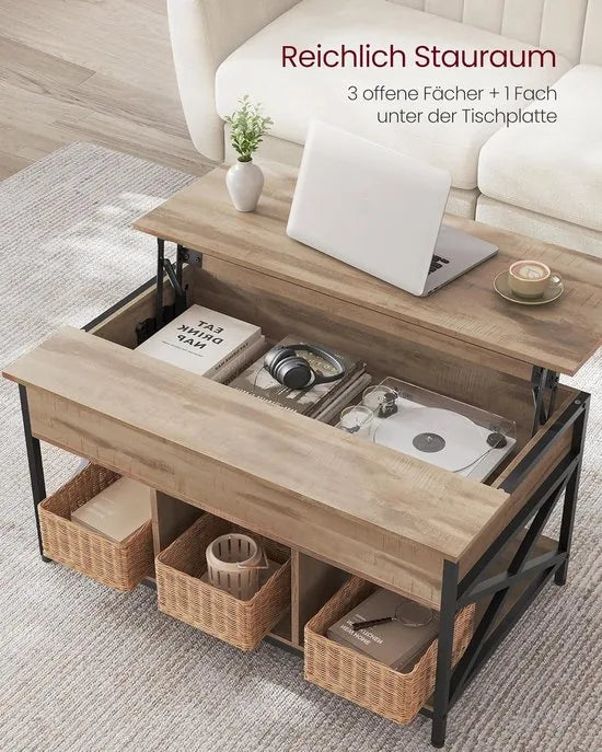 FurnStar - Salontafel - In Hoogte Verstelbare Woonkamertafel - Koffietafel - Open En Verborgen Opbergruimte - 60 X 100 X (48-62) Cm - Vintage Bruin-Zwart – Camel bruin-zwart 60 x 100