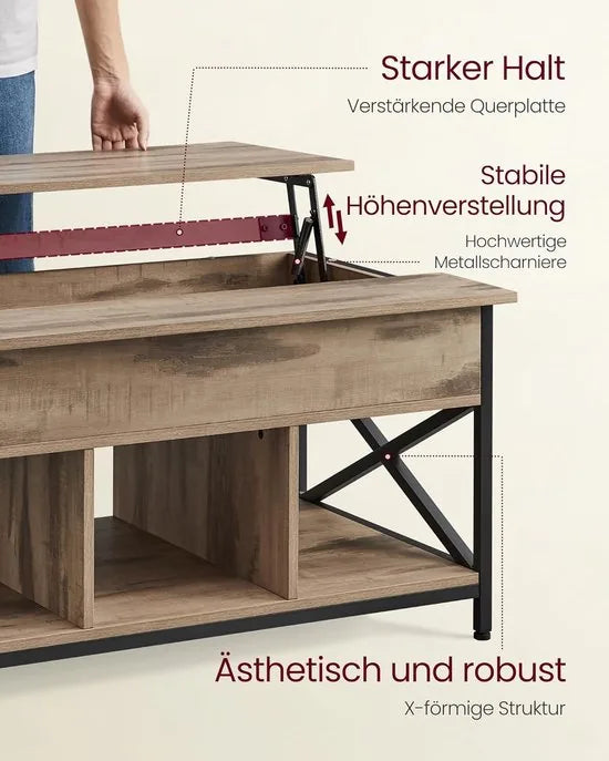 FurnStar - Salontafel - In Hoogte Verstelbare Woonkamertafel - Koffietafel - Open En Verborgen Opbergruimte - 60 X 100 X (48-62) Cm - Camel Bruin-Zwart