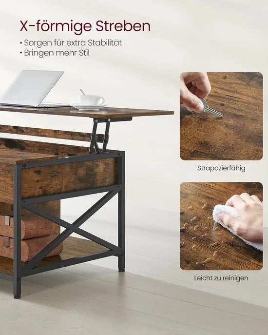 FurnStar - Salontafel - In Hoogte Verstelbare Woonkamertafel - Koffietafel - Open En Verborgen Opbergruimte - 60 X 100 X (48-62) Cm - Vintage Bruin-Zwart – Vintage bruin-zwart 60 x 120