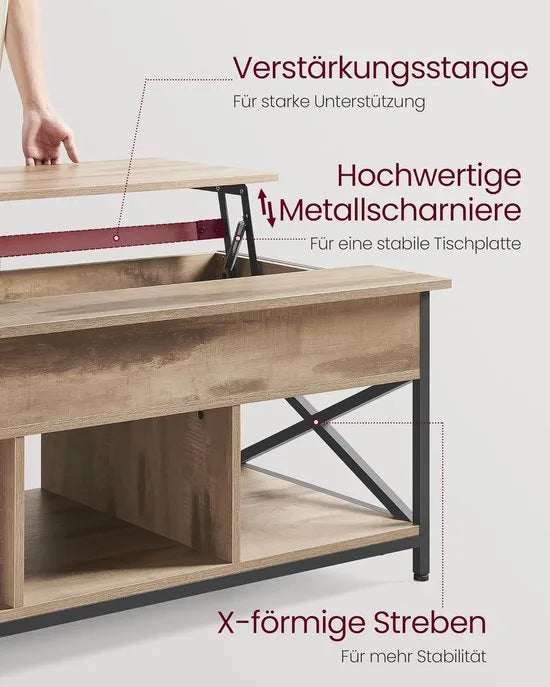 FurnStar - Salontafel - In Hoogte Verstelbare Woonkamertafel - Koffietafel - Open En Verborgen Opbergruimte - 60 X 100 X (48-62) Cm - Vintage Bruin-Zwart – Camel bruin-zwart 60 x 120