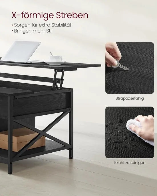 FurnStar - Salontafel - In Hoogte Verstelbare Woonkamertafel - Koffietafel - Open En Verborgen Opbergruimte - 60 X 100 X (48-62) Cm - Vintage Bruin-Zwart – Antraciet grijs-zwart 60 x 120
