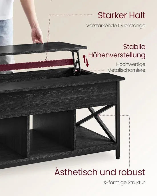 FurnStar - Salontafel - In Hoogte Verstelbare Woonkamertafel - Koffietafel - Open En Verborgen Opbergruimte - 60 X 100 X (48-62) Cm - Vintage Bruin-Zwart – Antraciet grijs-zwart 60 x 100