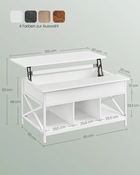 FurnStar - Salontafel - In Hoogte Verstelbare Woonkamertafel - Koffietafel - Open En Verborgen Opbergruimte - 60 X 100 X (48-62) Cm - Vintage Bruin-Zwart – Sneeuwwit 60 x 100
