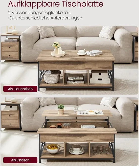 FurnStar - Salontafel - In Hoogte Verstelbare Woonkamertafel - Koffietafel - Open En Verborgen Opbergruimte - 60 X 100 X (48-62) Cm - Vintage Bruin-Zwart – Camel bruin-zwart 60 x 120