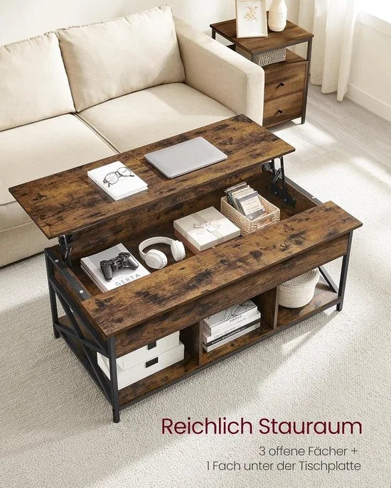 FurnStar - Salontafel - In Hoogte Verstelbare Woonkamertafel - Koffietafel - Open En Verborgen Opbergruimte - 60 X 100 X (48-62) Cm - Vintage Bruin-Zwart – Vintage bruin-zwart 60 x 120