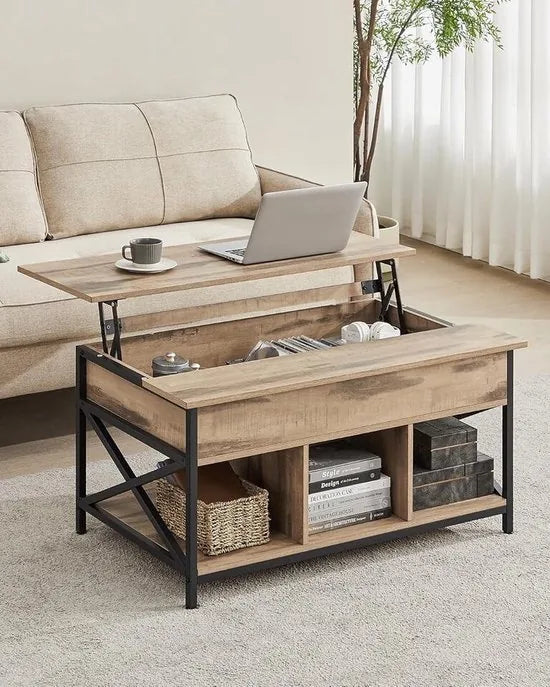 FurnStar - Salontafel - In Hoogte Verstelbare Woonkamertafel - Koffietafel - Open En Verborgen Opbergruimte - 60 X 100 X (48-62) Cm - Camel Bruin-Zwart