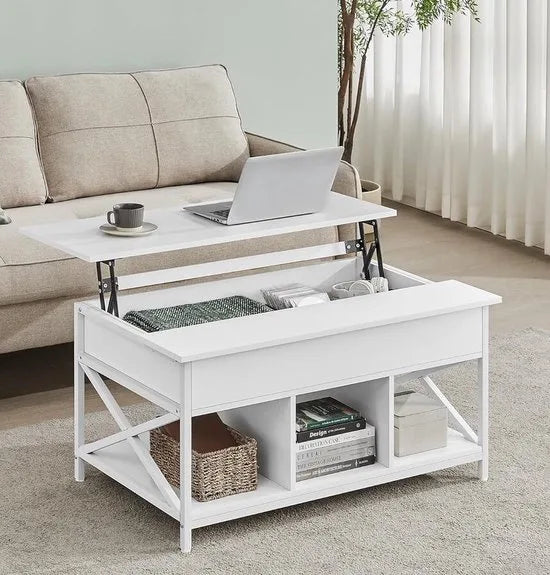 FurnStar - Salontafel - In Hoogte Verstelbare Woonkamertafel - Koffietafel - Open En Verborgen Opbergruimte - 60 X 100 X (48-62) Cm - Sneeuw Wit