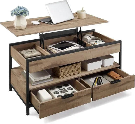 FurnStar – Salontafel – In hoogte verstelbaar – 2 laden & verborgen vakken – Moderne koffietafel – 50 x 100 x 48/62,3 cm – Havermoutbeige – Camel bruin zwart