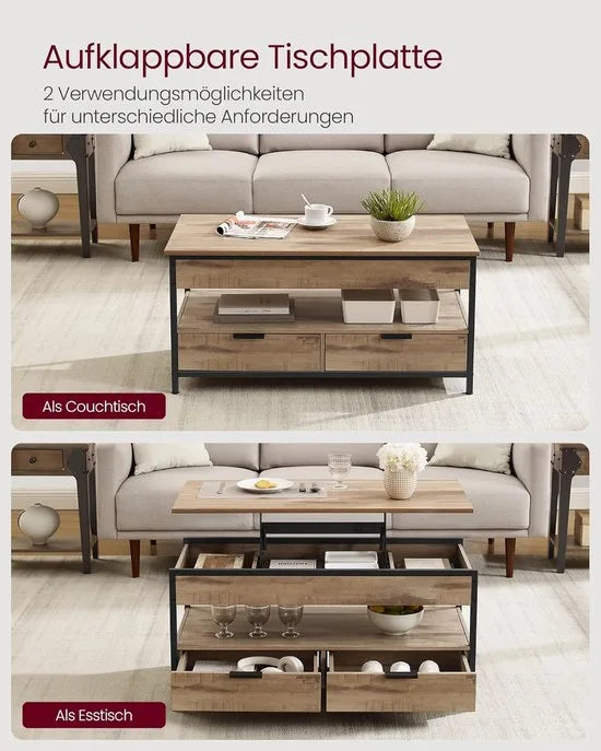 FurnStar – Salontafel – In hoogte verstelbaar – 2 laden & verborgen vakken – Moderne koffietafel – 50 x 100 x 48/62,3 cm – Havermoutbeige – Camel bruin zwart