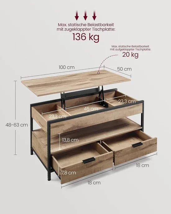 FurnStar – Salontafel – In hoogte verstelbaar – 2 laden & verborgen vakken – Moderne koffietafel – 50 x 100 x 48/62,3 cm – Havermoutbeige – Camel bruin zwart