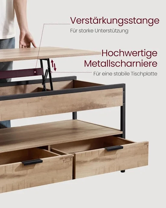 FurnStar – Salontafel – In hoogte verstelbaar – 2 laden & verborgen vakken – Moderne koffietafel – 50 x 100 x 48/62,3 cm – Havermoutbeige – Camel bruin zwart