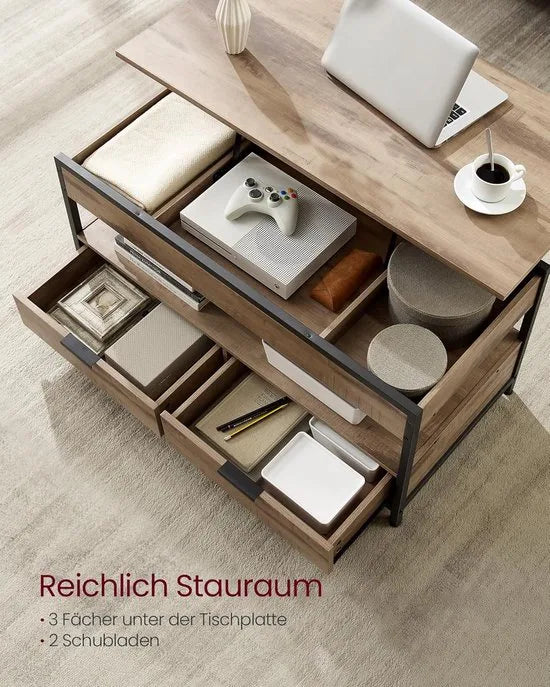 FurnStar – Salontafel – In hoogte verstelbaar – 2 laden & verborgen vakken – Moderne koffietafel – 50 x 100 x 48/62,3 cm – Havermoutbeige – Camel bruin zwart