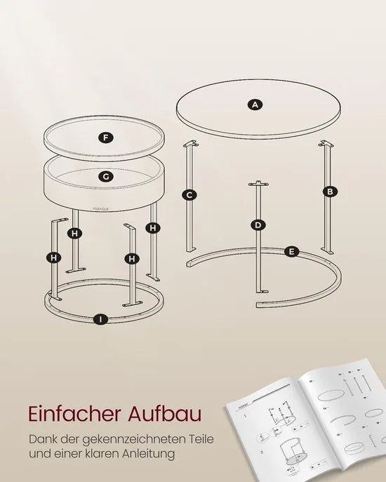 FurnStar Salontafel rond – Set van 2 bijzettafels – Moderne nestbare tafels met verborgen opbergruimte – Dienbladfunctie – Natuurbeige-Inktzwart – 60/44 cm