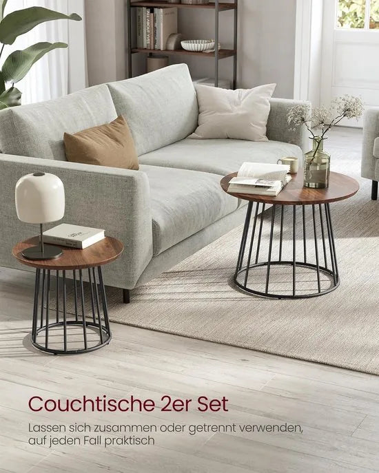 Furnstar Salontafel - Set van 2 - Ronde Bijzettafels - Modern Design - Stalen Frame - Vintage Bruin - Voor Woonkamer en Slaapkamer - LCT045K01 – Walnootkleur