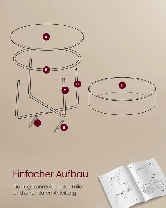 Furnstar - Salontafel rond - Tafel met opbergruimte - Bijzettafel - Woonkamertafel met mand van stof - Modern design - Metalen frame - Matwit Camelbruin