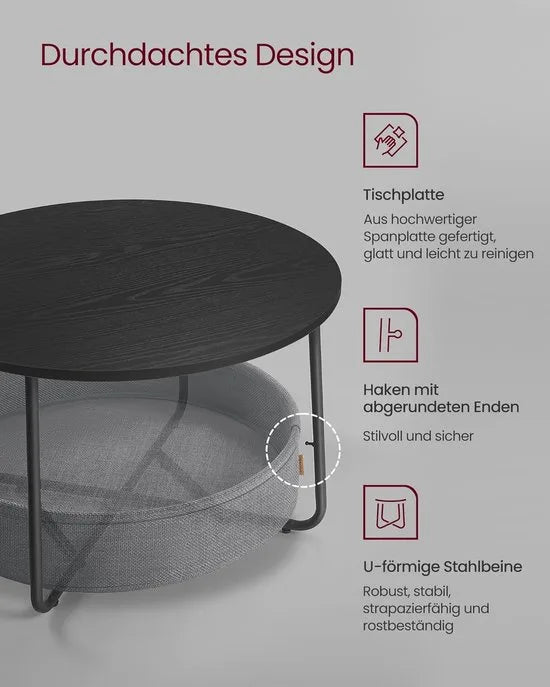 Furnstar - Salontafel rond - Tafel met opbergruimte - Bijzettafel - Woonkamertafel met mand van stof - Modern design - Metalen frame - Matwit Camelbruin – Inktzwart en leigrijs