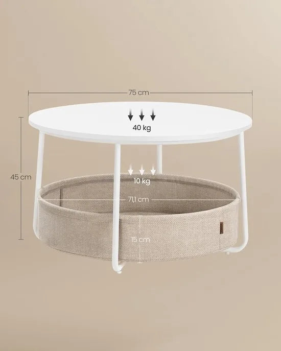 Furnstar - Salontafel rond - Tafel met opbergruimte - Bijzettafel - Woonkamertafel met mand van stof - Modern design - Metalen frame - Matwit Camelbruin