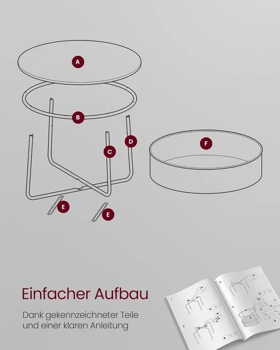 Furnstar - Salontafel rond - Tafel met opbergruimte - Bijzettafel - Woonkamertafel met mand van stof - Modern design - Metalen frame - Matwit Camelbruin – Inktzwart en leigrijs