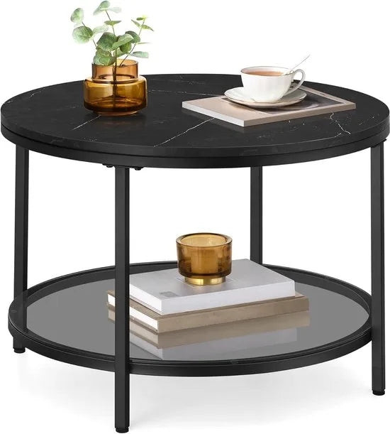 FurnStar – Salontafel – Woonkamertafel met glasplaat – Moderne banktafel met veel opbergruimte – Eenvoudige montage – 65 cmx46 cm -Marmerwit/Inktzwart – – Marmerzwart/inktzwart –