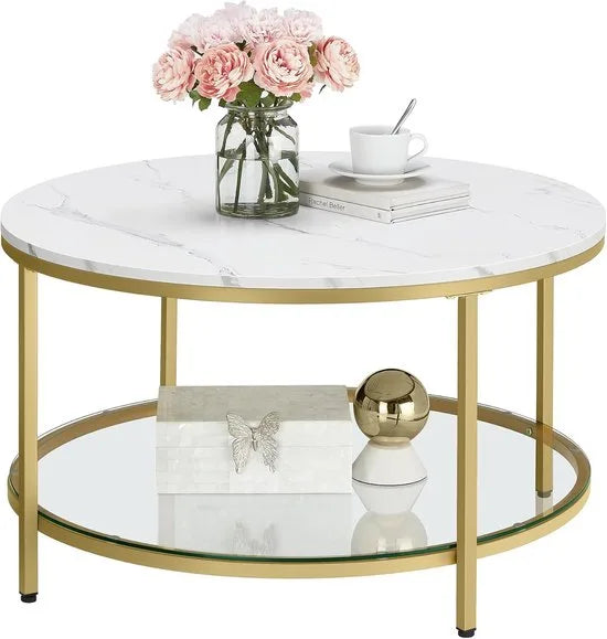 FurnStar – Salontafel – Woonkamertafel met glasplaat – Moderne banktafel met veel opbergruimte – Eenvoudige montage – 65 cmx46 cm -Marmerwit/Inktzwart – – Marmerwit/lichtgoud