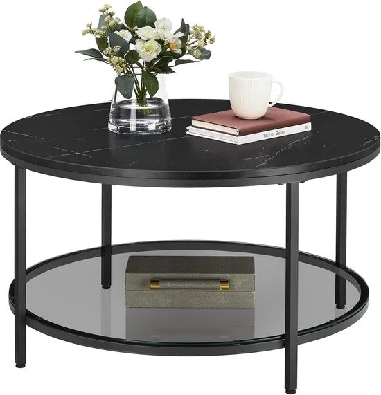 FurnStar – Salontafel – Woonkamertafel met glasplaat – Moderne banktafel met veel opbergruimte – Eenvoudige montage – 65 cmx46 cm -Marmerwit/Inktzwart – – Marmerzwart/inktzwart –