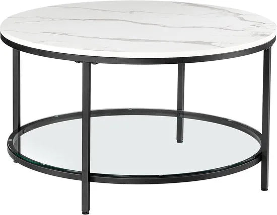 FurnStar – Salontafel – Woonkamertafel met glasplaat – Moderne banktafel met veel opbergruimte – Eenvoudige montage – 65 cmx46 cm -Marmerwit/Inktzwart – – Marmerwit/inktzwart –