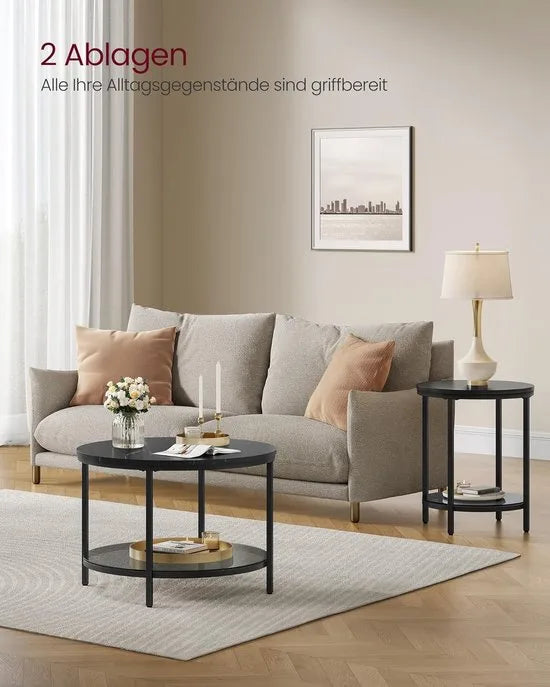 FurnStar – Salontafel – Woonkamertafel met glasplaat – Moderne banktafel met veel opbergruimte – Eenvoudige montage – 65 cmx46 cm -Marmerwit/Inktzwart – – Marmerzwart/inktzwart –
