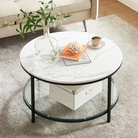 FurnStar – Salontafel – Woonkamertafel met glasplaat – Moderne banktafel met veel opbergruimte – Eenvoudige montage – 65 cmx46 cm -Marmerwit/Inktzwart – – Marmerwit/inktzwart –