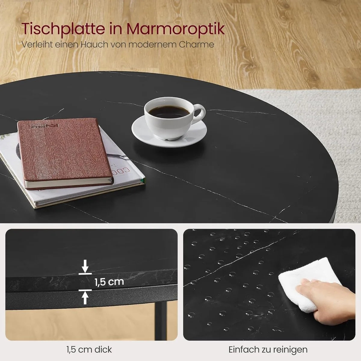FurnStar – Salontafel – Woonkamertafel met glasplaat – Moderne banktafel met veel opbergruimte – Eenvoudige montage – 65 cmx46 cm -Marmerwit/Inktzwart – – Marmerzwart/inktzwart –
