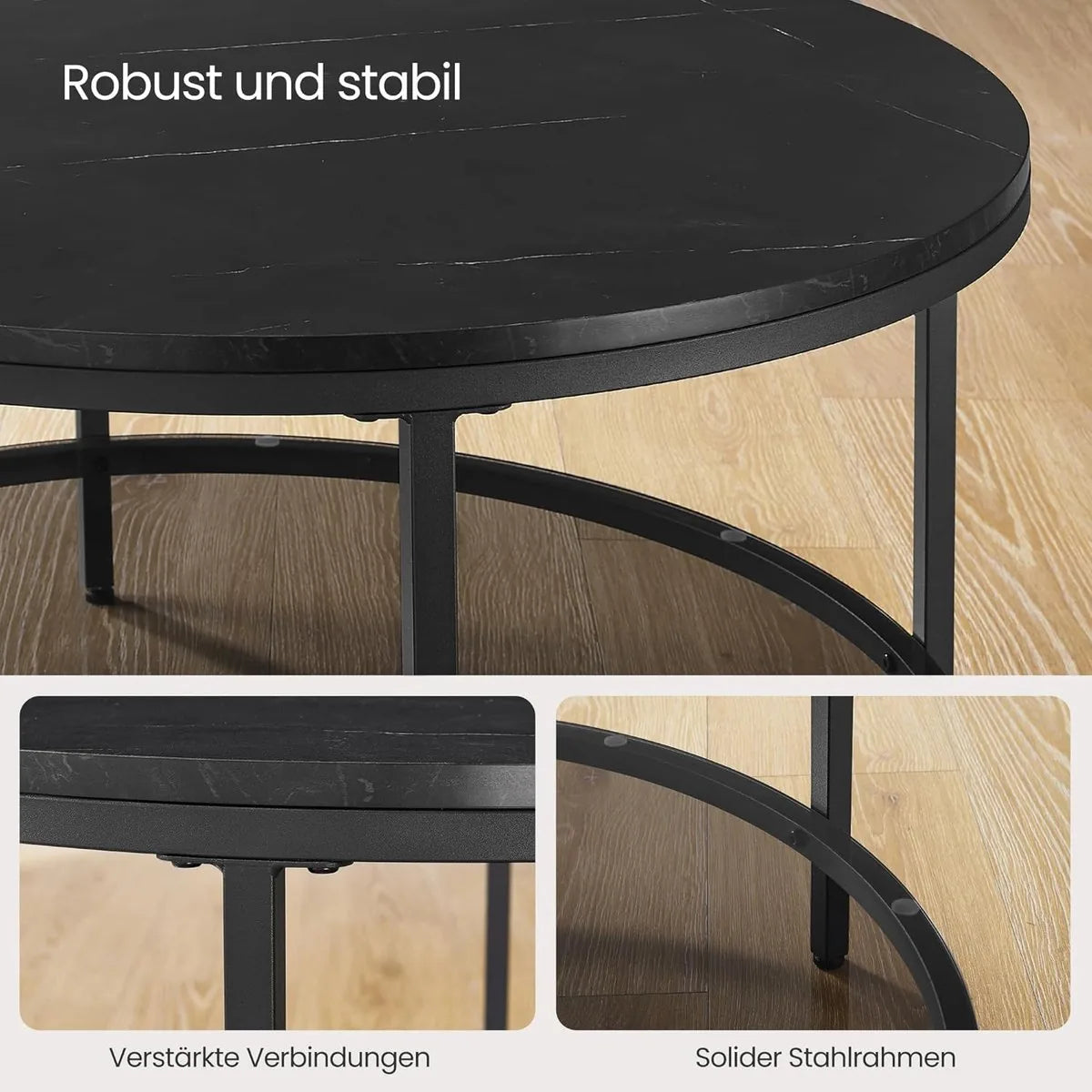 FurnStar – Salontafel – Woonkamertafel met glasplaat – Moderne banktafel met veel opbergruimte – Eenvoudige montage – 80x44,5 cm -Marmerzwart/Inktzwart –