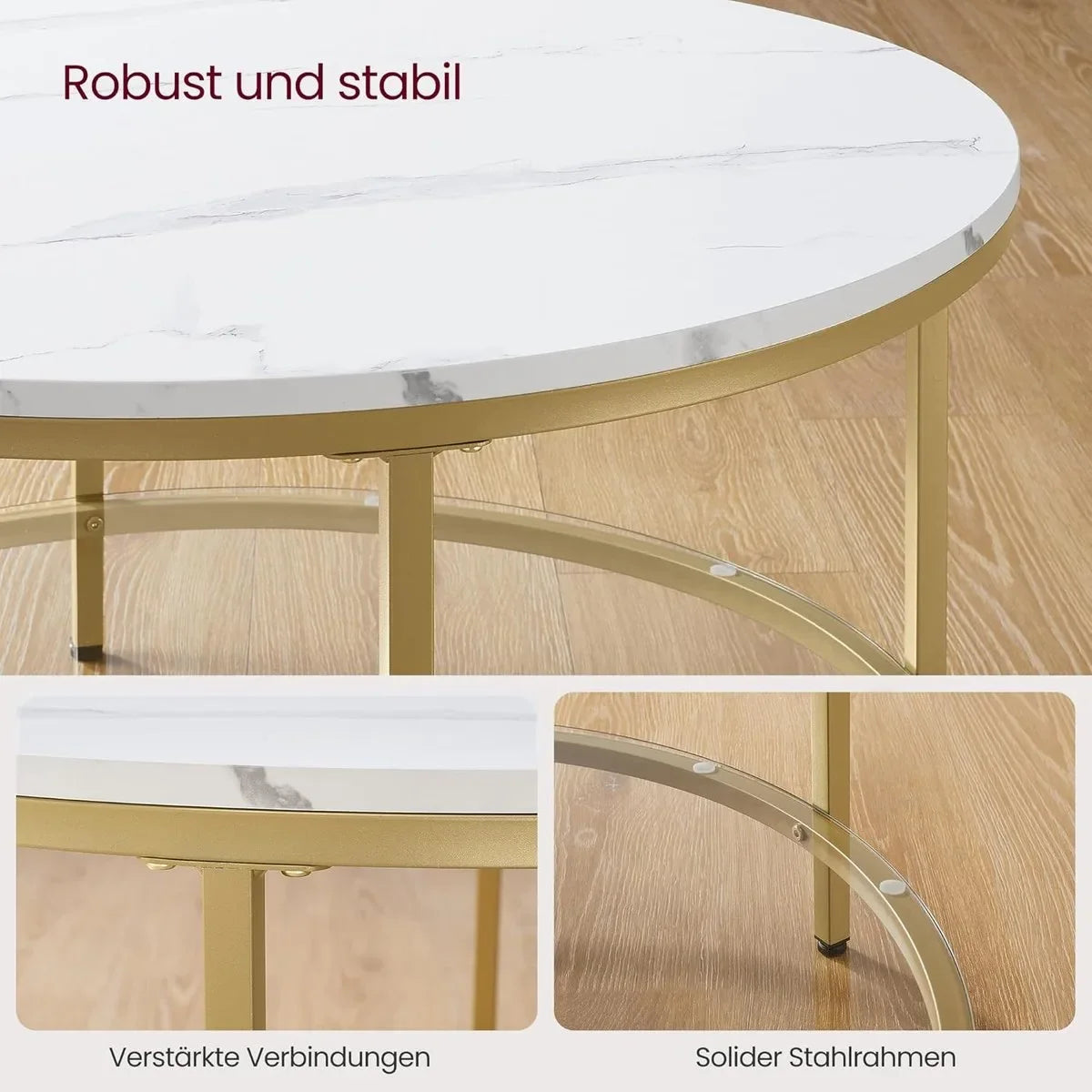 FurnStar – Salontafel – Woonkamertafel met glasplaat – Moderne banktafel met veel opbergruimte – Eenvoudige montage – 65 cmx46 cm -Marmerwit/Inktzwart – – Marmerwit/lichtgoud