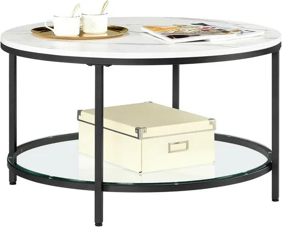 FurnStar – Salontafel – Woonkamertafel met glasplaat – Moderne banktafel met veel opbergruimte – Eenvoudige montage – 65 cmx46 cm -Marmerwit/Inktzwart – – Marmerwit/inktzwart –