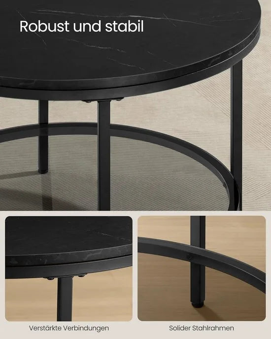 FurnStar – Salontafel – Woonkamertafel met glasplaat – Moderne banktafel met veel opbergruimte – Eenvoudige montage – 65 cmx46 cm -Marmerwit/Inktzwart – – Marmerzwart/inktzwart –