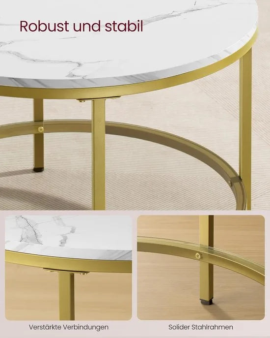FurnStar – Salontafel – Woonkamertafel met glasplaat – Moderne banktafel met veel opbergruimte – Eenvoudige montage – 65 cmx46 cm -Marmerwit/Inktzwart – – Marmerwit/lichtgoud