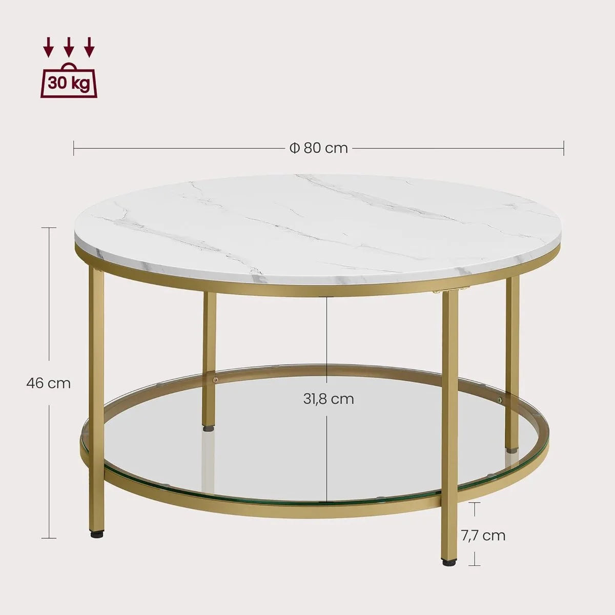 FurnStar – Salontafel – Woonkamertafel met glasplaat – Moderne banktafel met veel opbergruimte – Eenvoudige montage – 65 cmx46 cm -Marmerwit/Inktzwart – – Marmerwit/lichtgoud