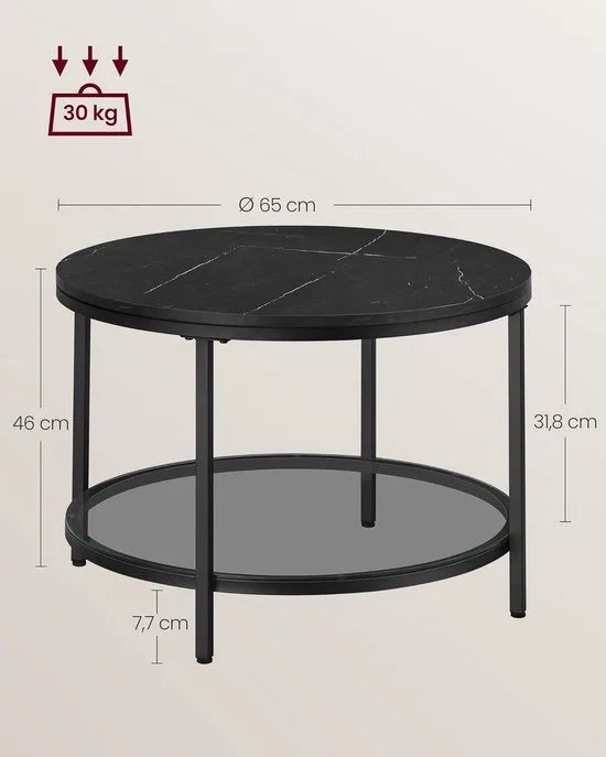 FurnStar – Salontafel – Woonkamertafel met glasplaat – Moderne banktafel met veel opbergruimte – Eenvoudige montage – 65 cmx46 cm -Marmerwit/Inktzwart – – Marmerzwart/inktzwart –