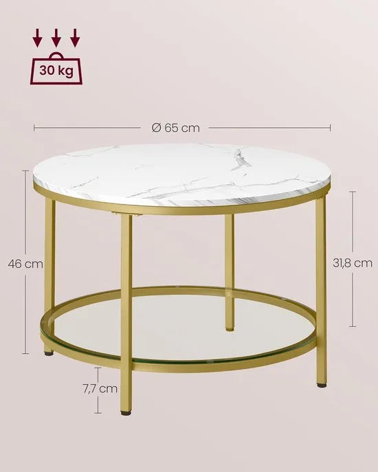 FurnStar – Salontafel – Woonkamertafel met glasplaat – Moderne banktafel met veel opbergruimte – Eenvoudige montage – 65 cmx46 cm -Marmerwit/Inktzwart – – Marmerwit/lichtgoud