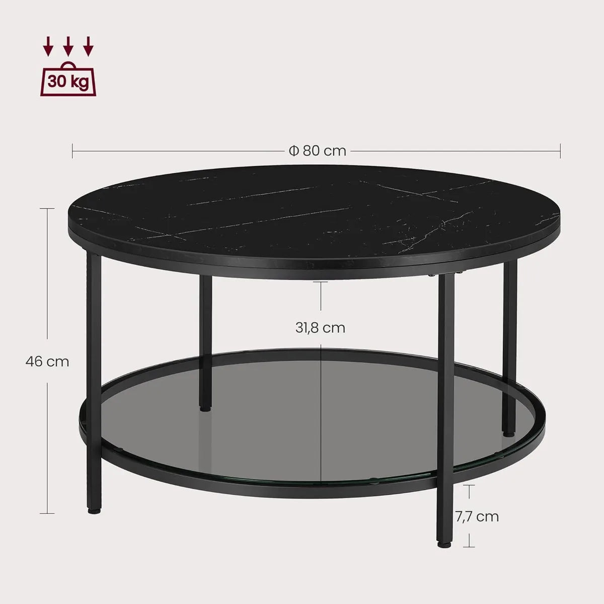 FurnStar – Salontafel – Woonkamertafel met glasplaat – Moderne banktafel met veel opbergruimte – Eenvoudige montage – 65 cmx46 cm -Marmerwit/Inktzwart – – Marmerzwart/inktzwart –
