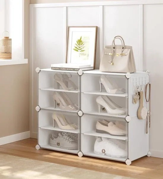 FurnStar - Schoenenbank - 30 x 40 x 30 cm - Schoenenrek met 4 vakken, Schoenen Rek - Schoenenrek Wit - Stalen frame, Plastic