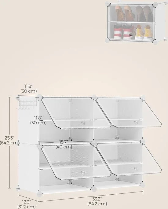 FurnStar - Schoenenbank - 30 x 40 x 30 cm - Schoenenrek met 4 vakken, Schoenen Rek - Schoenenrek Wit - Stalen frame, Plastic