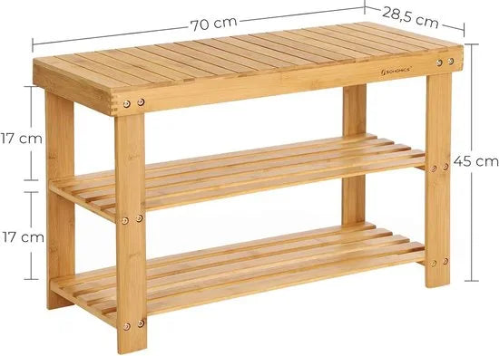 Furnstar Schoenenbank – Bamboe Schoenenrek met Zitbank – 3 Planken – 70 x 28 x 45 cm – Voor Hal, Badkamer & Woonkamer