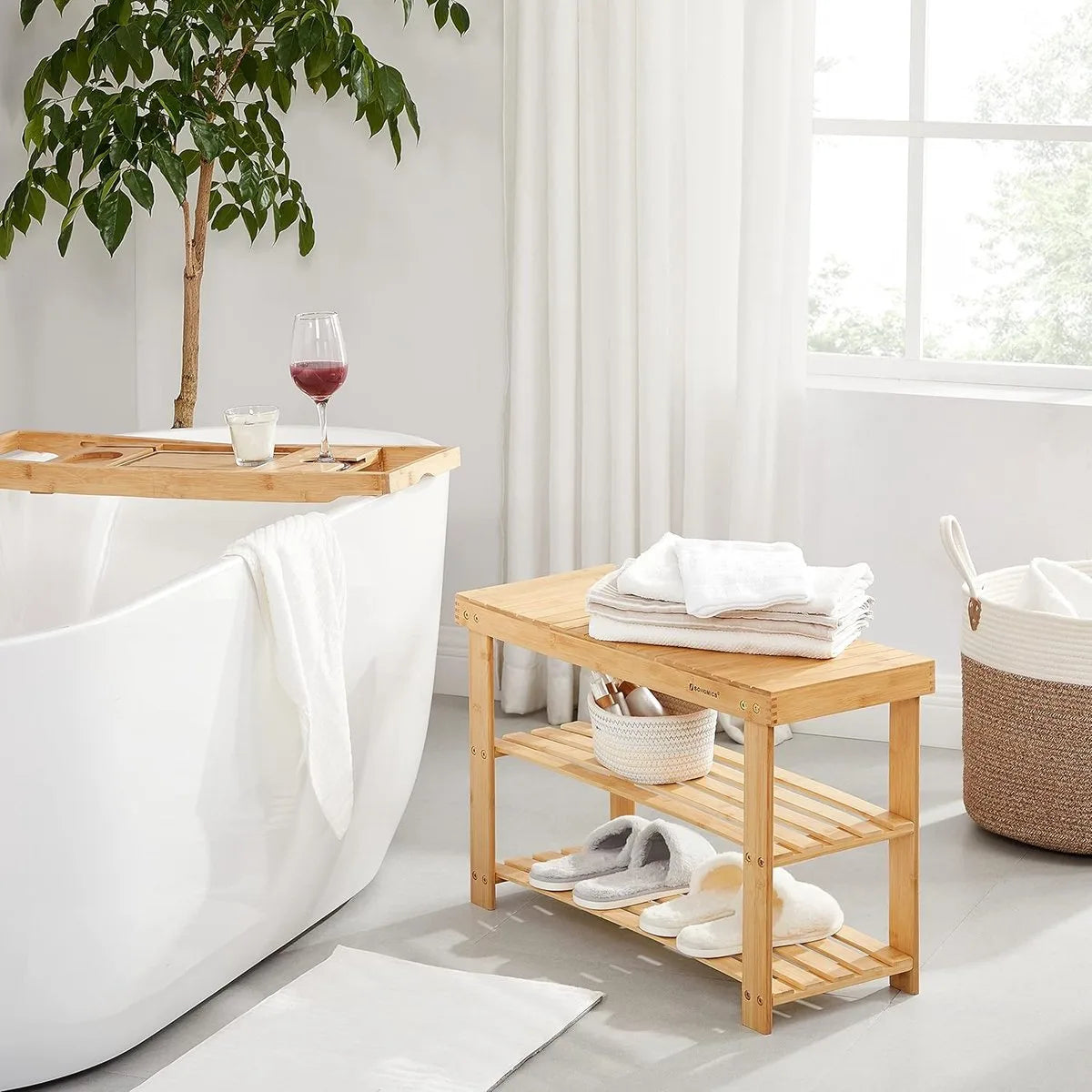 Furnstar Schoenenbank – Bamboe Schoenenrek met Zitbank – 3 Planken – 70 x 28 x 45 cm – Voor Hal, Badkamer & Woonkamer